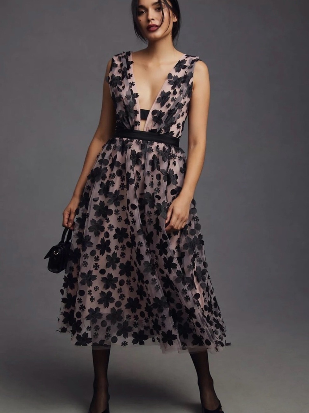 Anthropologie Blush Pink Midi Dress with Black Floral Appliqué